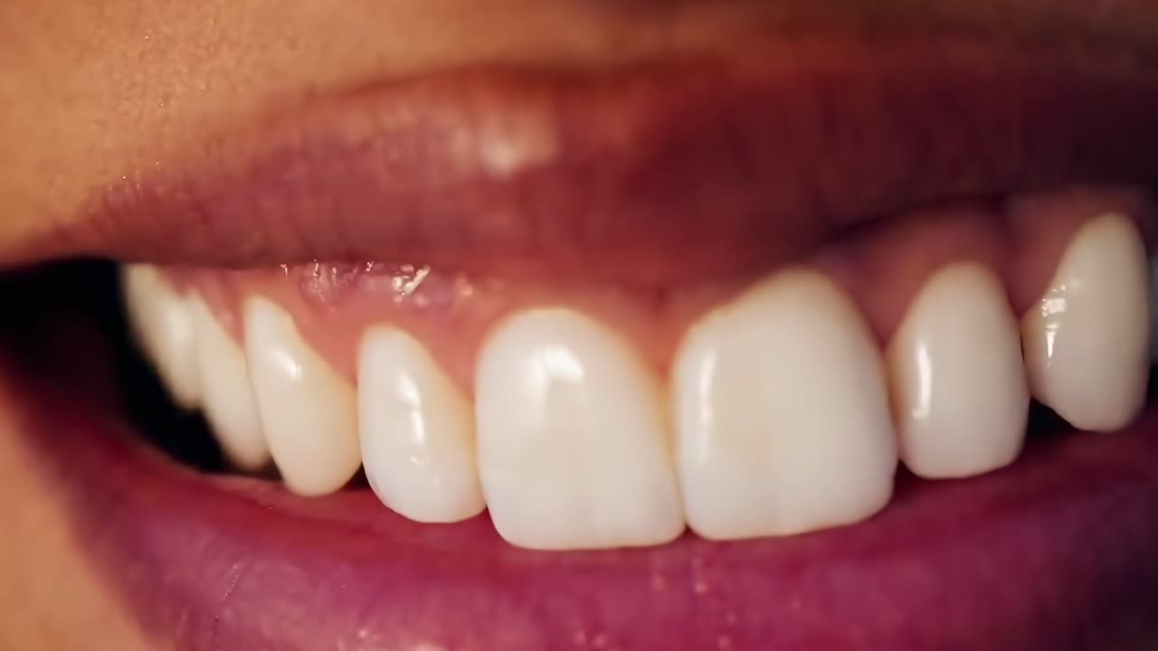 Close-up video of a smiling mouth, showcasing bright teeth from a front angle