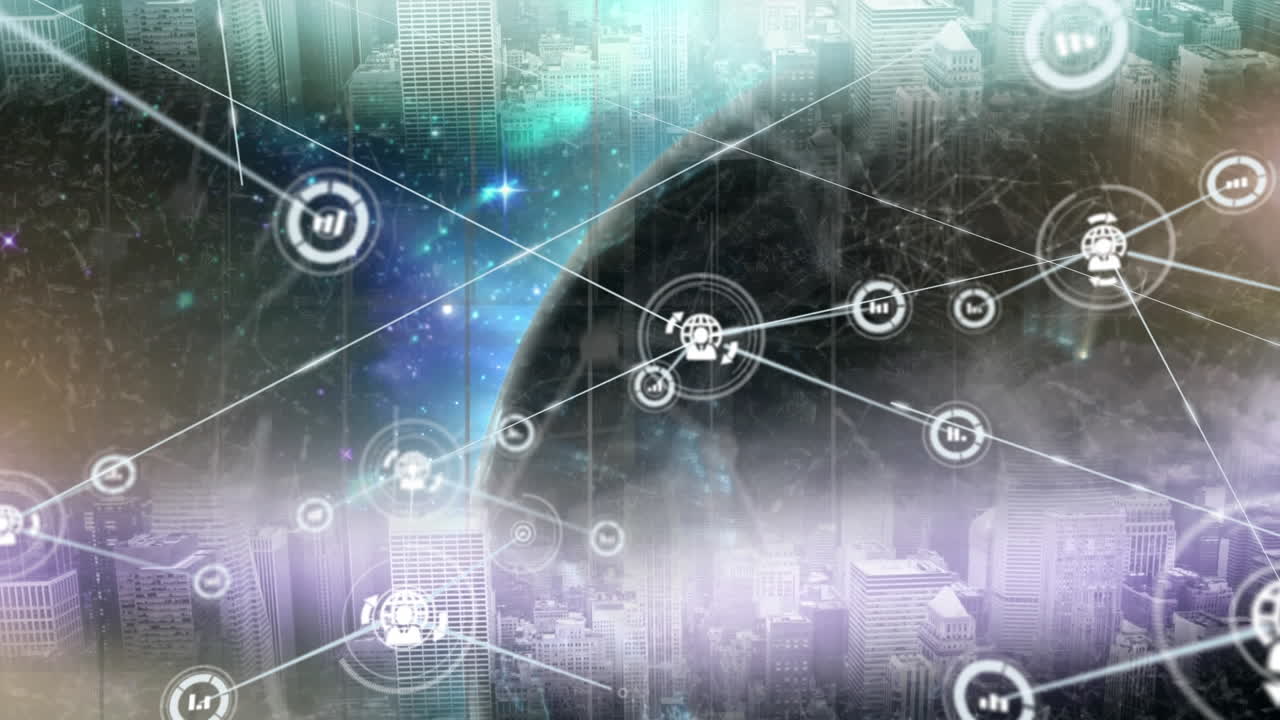 Animation of connected icons over illuminated globe against aerial view of modern cityscape