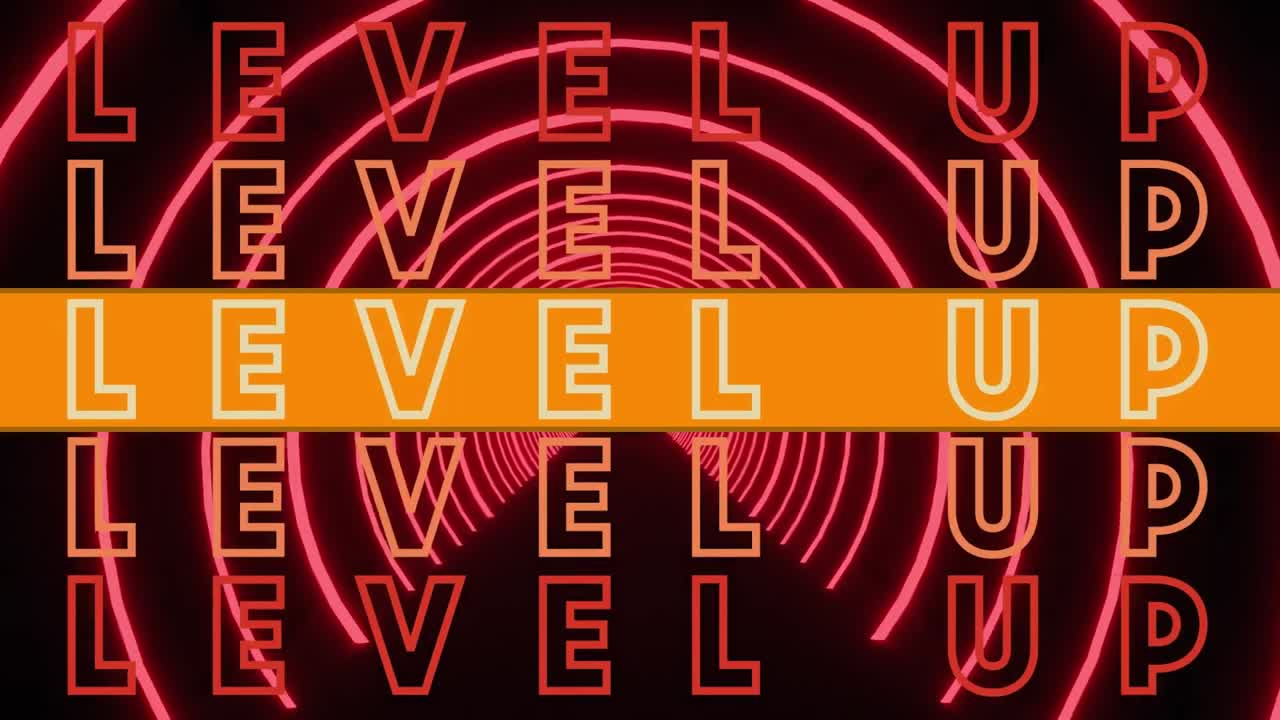 Animazione del testo 'level up' su tunnel al neon su sfondo nero