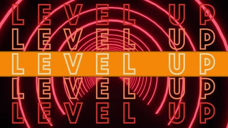 Animation-of-level-up-text-over-neon-tunnel-on-black-background