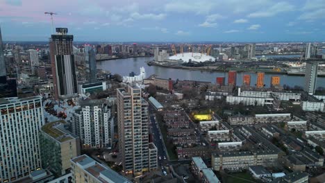 Docklands-and-O2-Arena-London-,-city-skyline-Drone,-Aerial,-view-from-air,-birds-eye-view