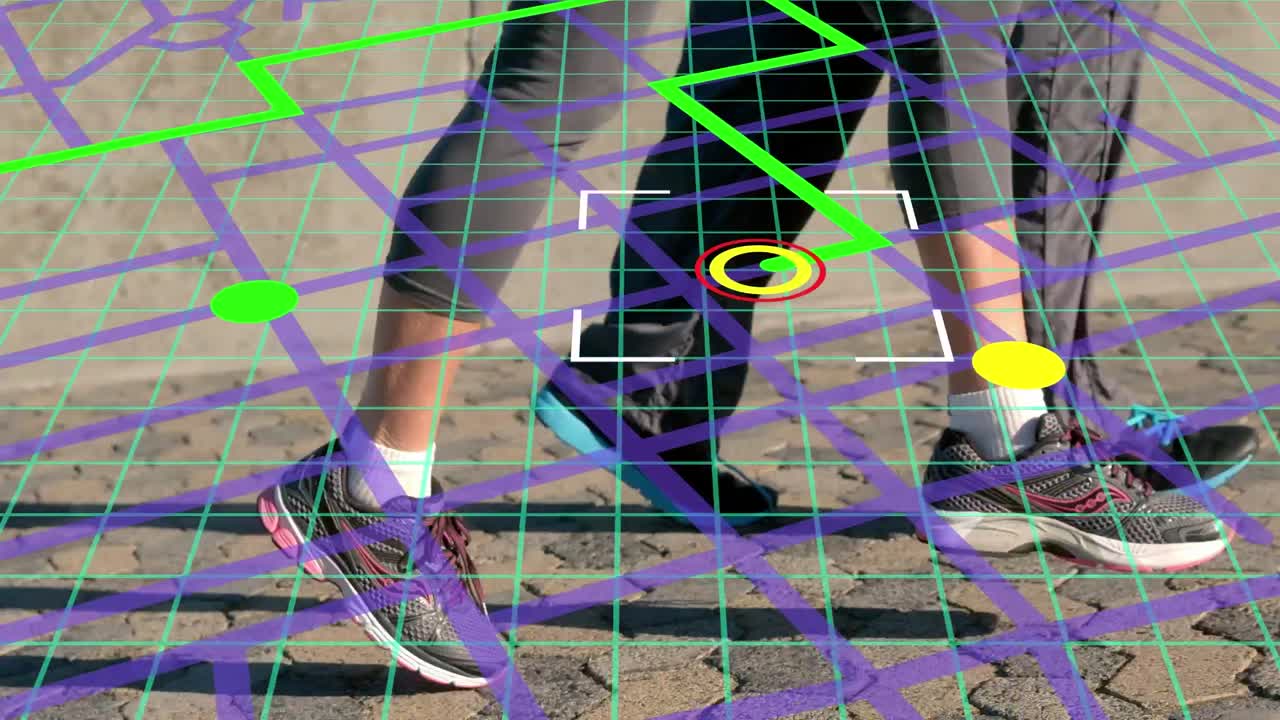 esquema de línea de navegación del mapa contra la sección baja de una pareja que corre al aire libre