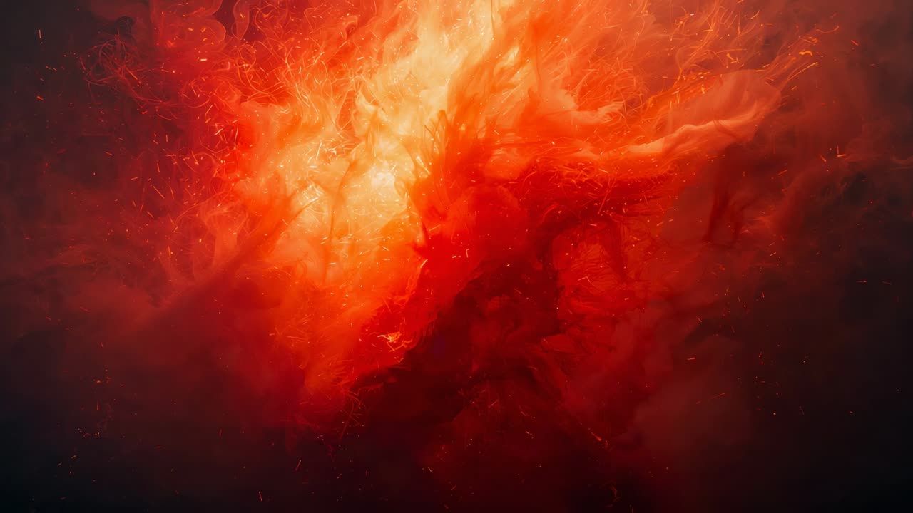 Pulsierende rote bis orangefarbene Hauptwolke mit Filamenten, die sich nach hellen Kerneruptionen vor einem dunklen Hintergrund verschieben