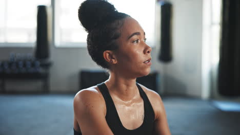 Tired,-sweating-and-thinking-with-woman-in-gym