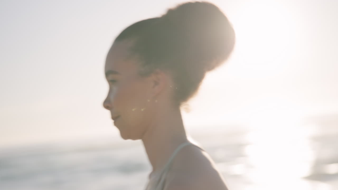 Running, beach and woman with fitness