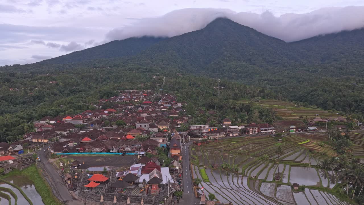 Pemandangan udara terasering sawah Jatiluwih dan desa di Bali
