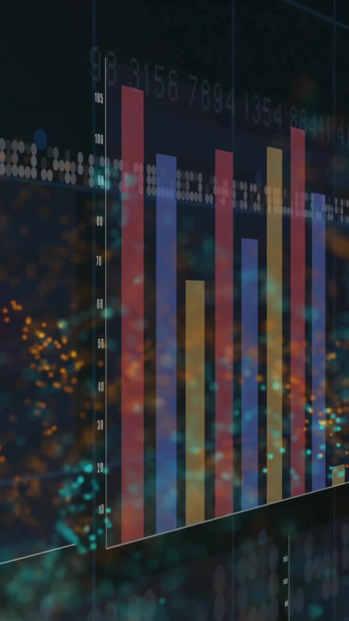 Animazione di grafici a barre colorati e punti dati su sfondo astratto
