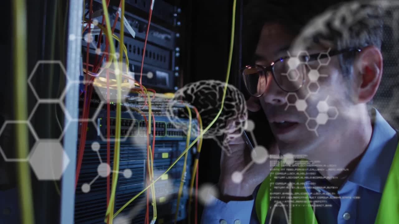 Animation of medical data processing over asian male engineer talking on smartphone at server room