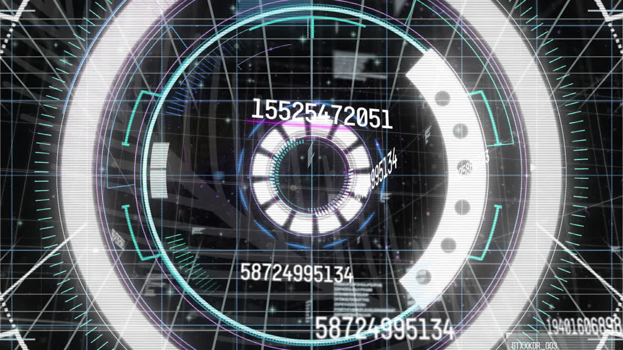 검은색 배경에 네온 둥근 스캐너와 빛의 흔적에 걸쳐 여러 번 변하는 숫자의 애니메이션