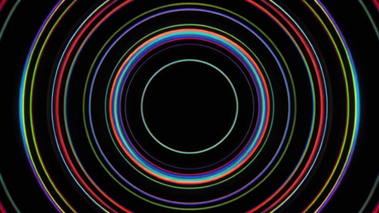 Animação Abstrata de Círculos de Néon Concêntricos Pulsando em Fundo Preto