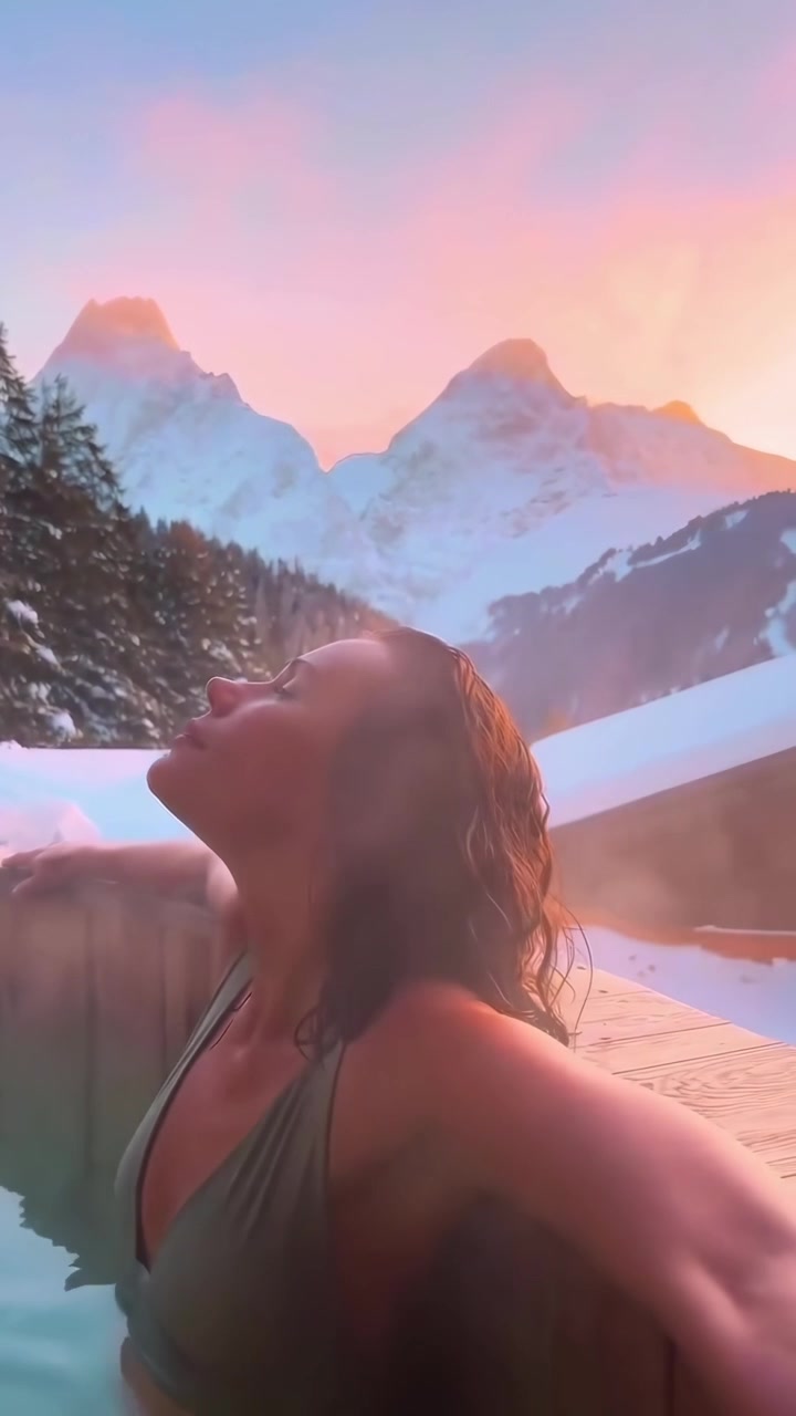 Donna che si rilassa in una vasca idromassaggio esterna al tramonto tra montagne innevate