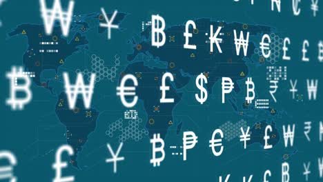 animação do processamento de dados monetários e financeiros sobre o mapa mundial.