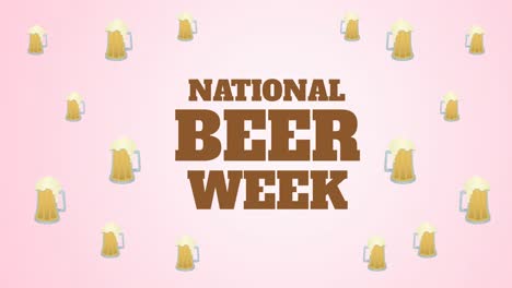 animation of world beer week text and multiple pint of beer over pink background