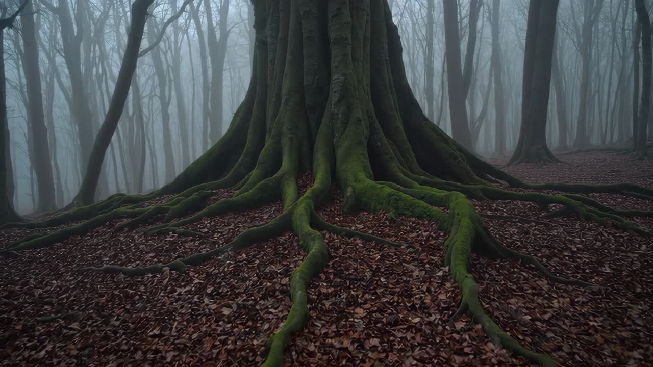 Ancient Tree Roots in a Misty Forest