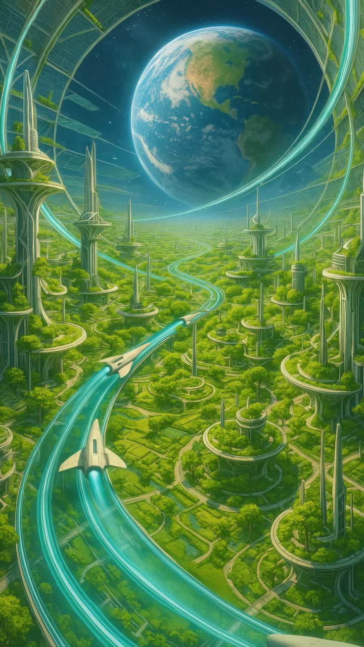 Futuristic cityscape with sleek towers and glowing pathways, viewed from a high angle
