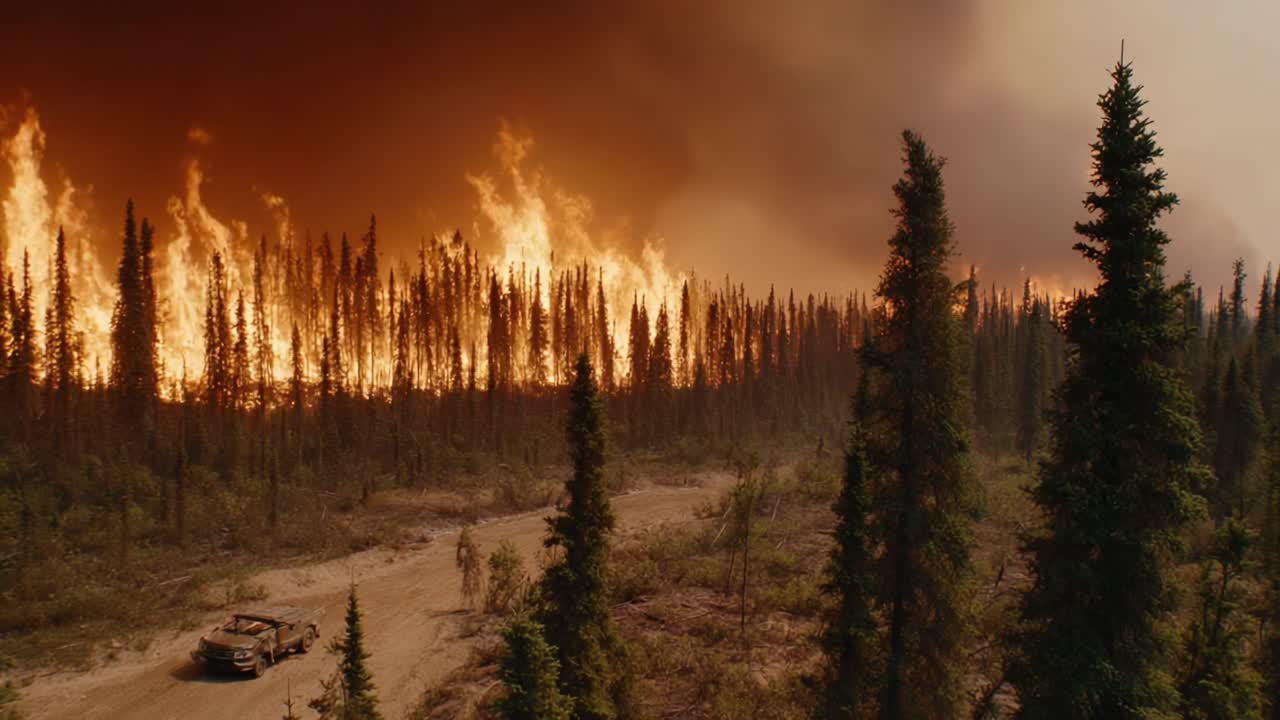 A Devastating Forest Fire Engulfs a Landscape, with Flames Erupting Alongside a Winding Dirt Road, Portraying the Ferocity of Nature's Fury and Human Impact