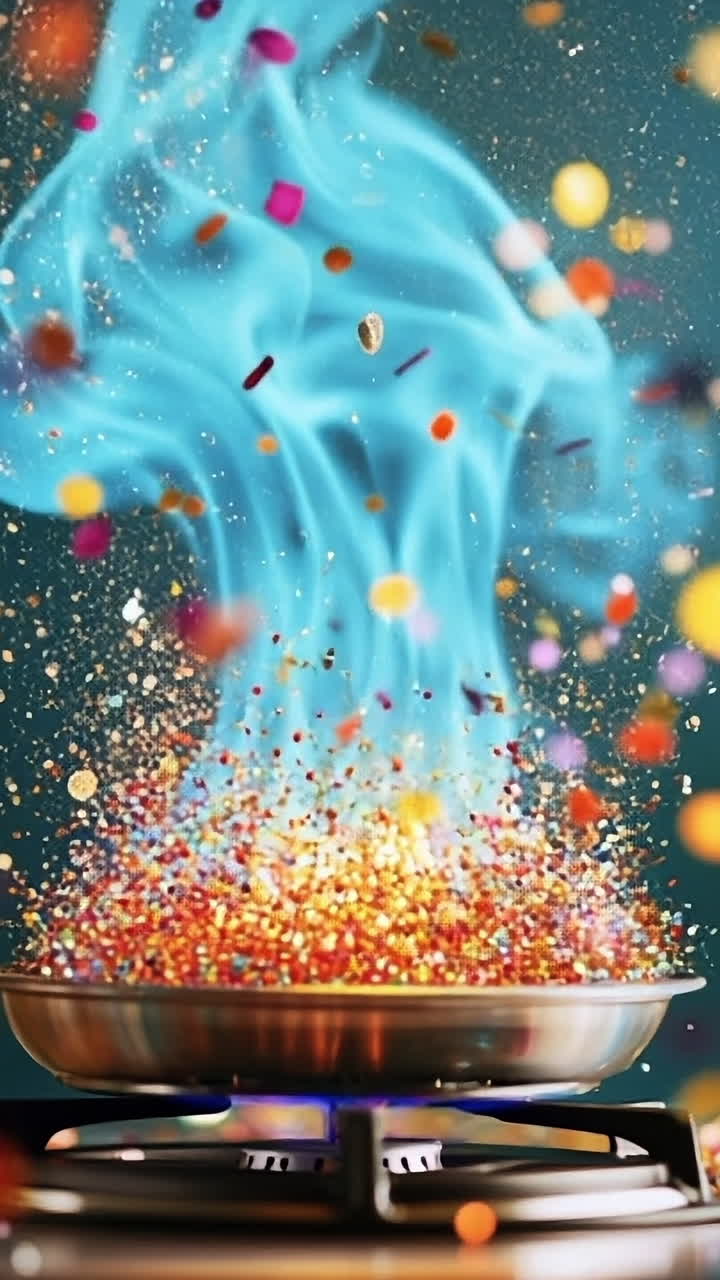 Cooking with vibrant colors and magic. Colorful sparks and steam rise from a pan on a stove, creating a magical and festive atmosphere in the kitchen.