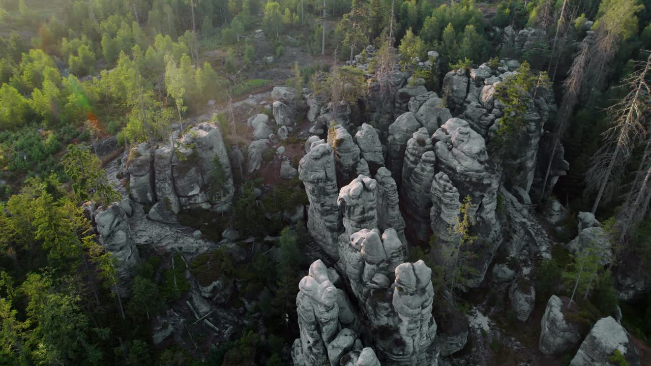Aerial View of Unique Rock Formations in a Forest