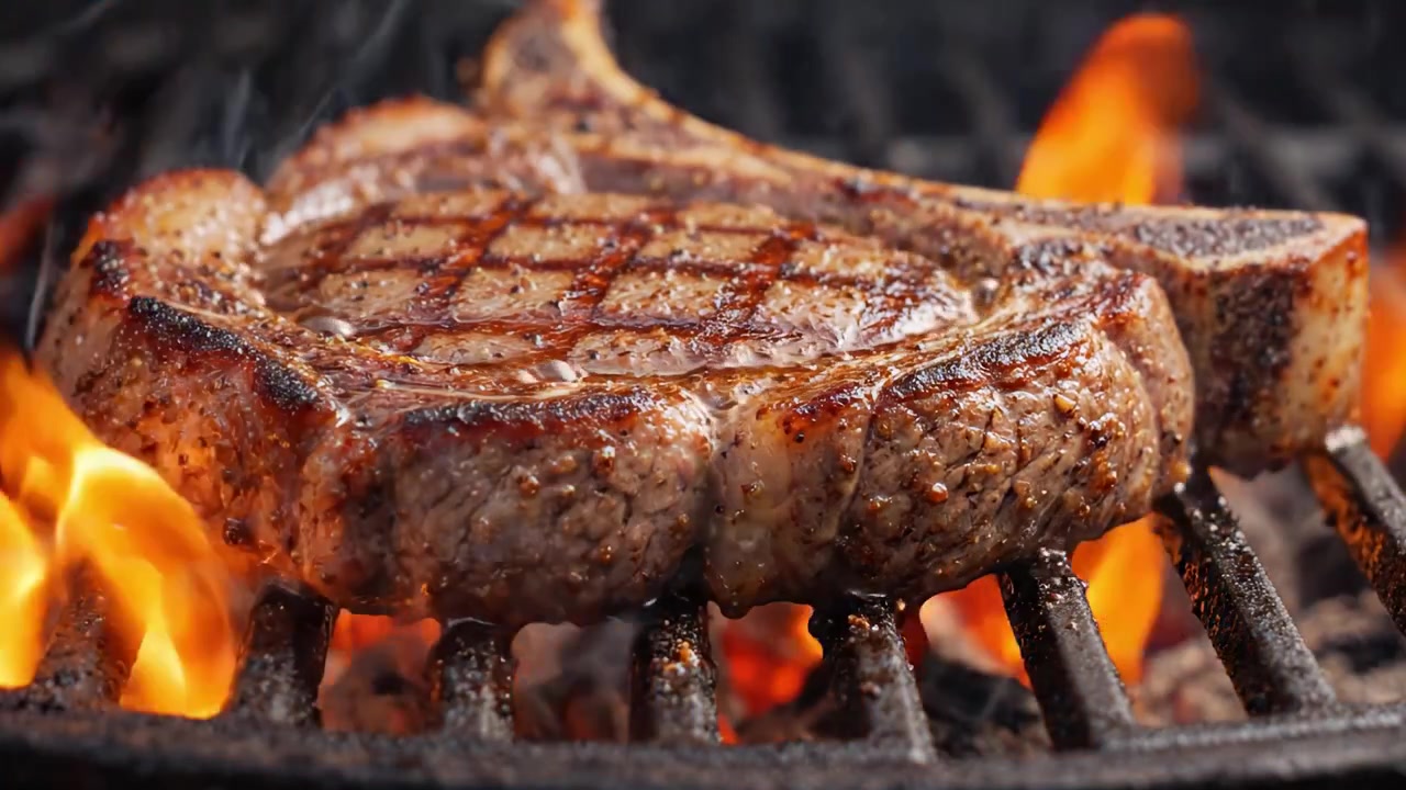 Ein saftiges gegrilltes Steak, das über Holzkohle gart, mit perfekten Grillspuren und saftiger Textur, ideal für kulinarische Enthusiasten und Feinschmecker gleichermaßen.