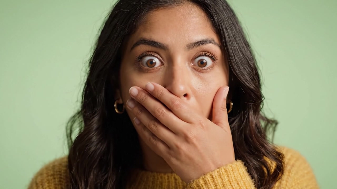 A woman's journey from confusion to realization captured through expressive facial reactions, showcasing the depth of emotions and the power of surprise in a vivid green backdrop.