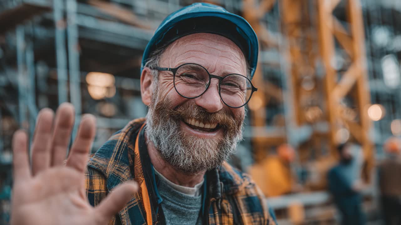 A Joyful Worker Waves Cheerfully on the Construction Site, Sharing His Positive Spirit with Colleagues and Highlighting the Community Atmosphere of Collaboration