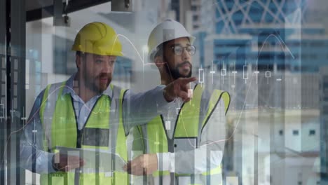 animación del procesamiento de estadísticas sobre arquitectos masculinos con planos en el sitio de construcción