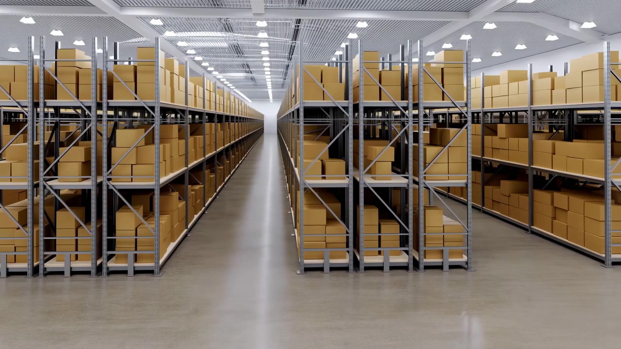Vista centrata all'altezza degli occhi lungo un lungo corridoio di magazzino incorniciato da scaffalature metalliche parallele piene di scatole di cartone marroni su più livelli, illuminazione industriale brillante, pavimento pulito, simmetria precisa.