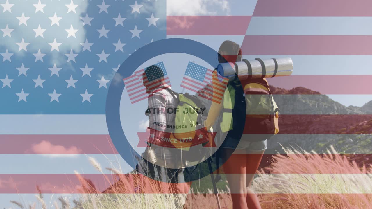 animación del texto del día de la independencia sobre la caminata de una pareja diversa sonriente