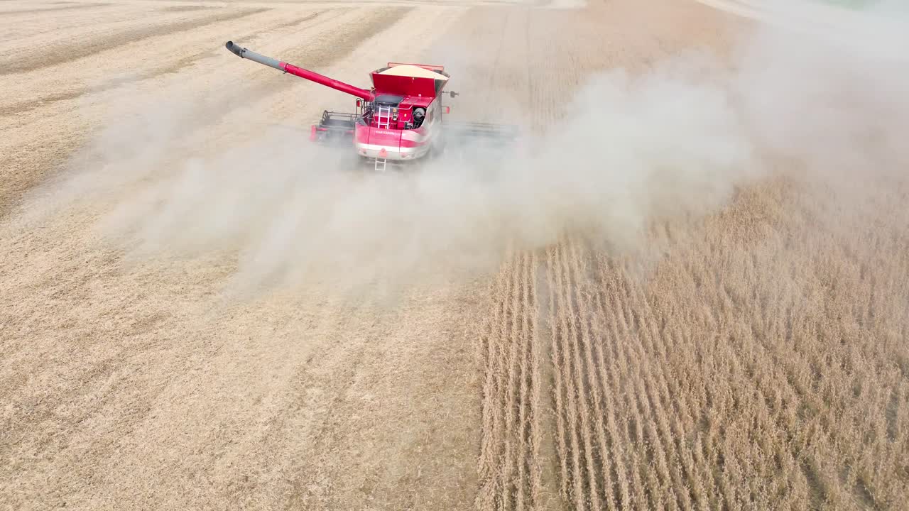 farm combine harvesting soybeans on a midwestern farm field, aerial drone