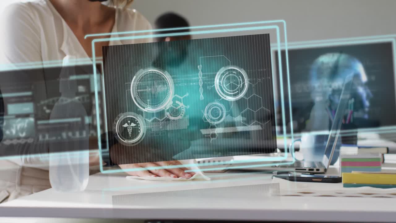 animación del procesamiento de datos sobre la mujer caucásica desinfectando la oficina