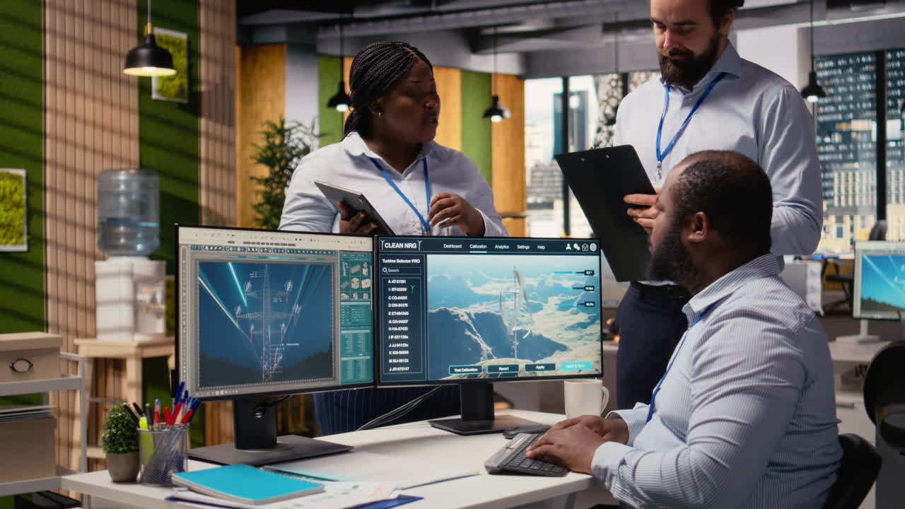 Team Of Engineers Brainstorming How To Optimize Electric Grid And Wind Farm