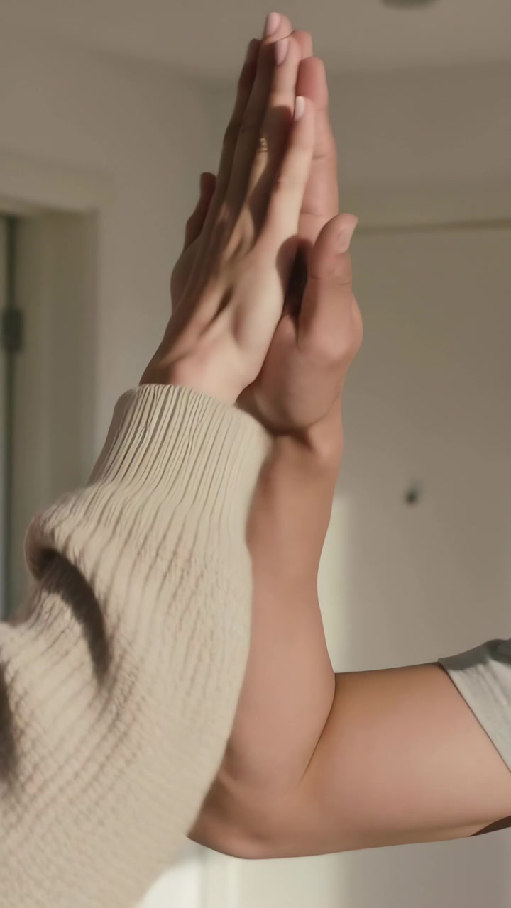 Video verticale: Coppia che ride si batte il cinque all'ingresso di casa dopo una risata, indossando un maglione beige.