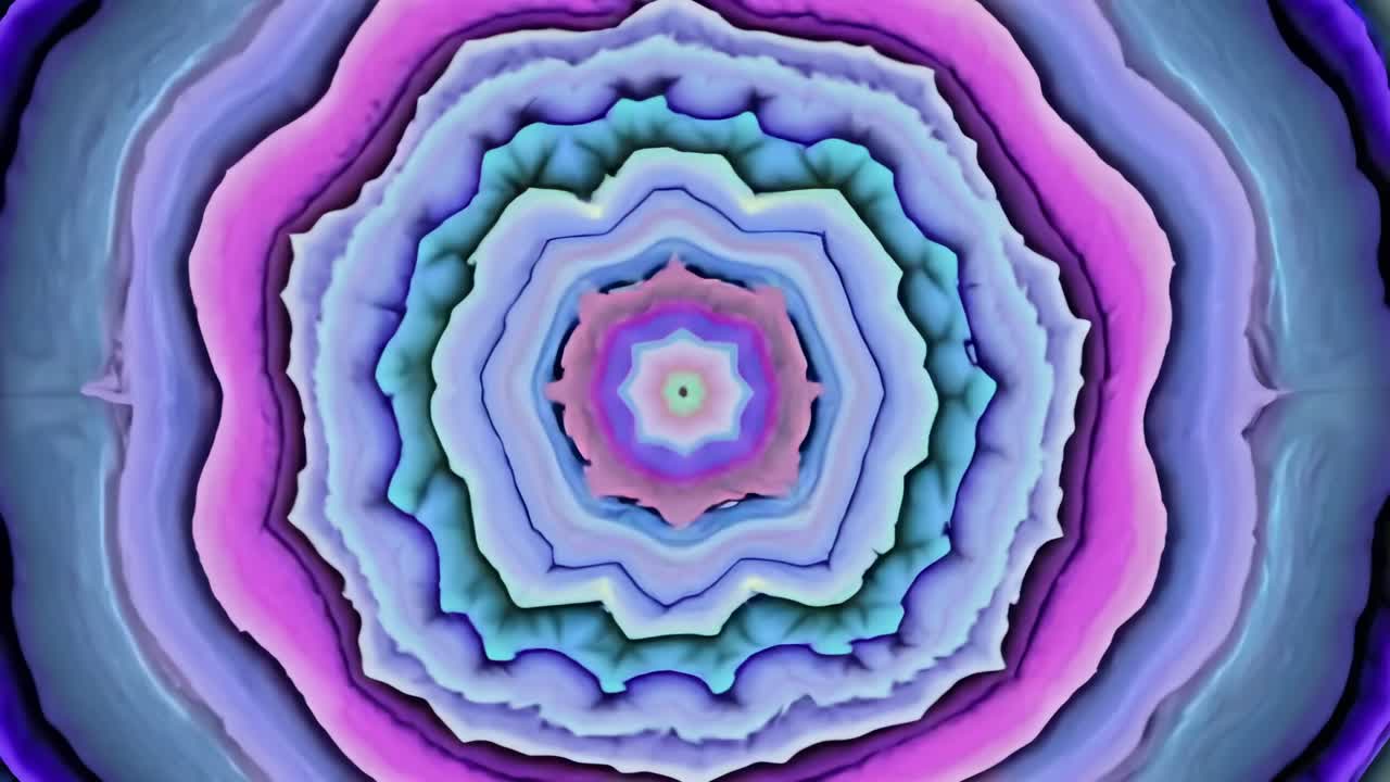 Top-down view of a vibrant, kaleidoscopic pattern in pastel colors, creating a mesmerizing, hypnotic