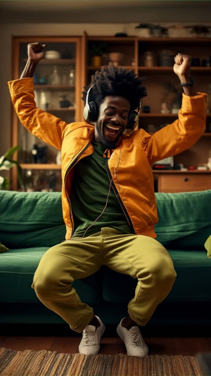 A dynamic video still of a joyful person dancing in a cozy living room