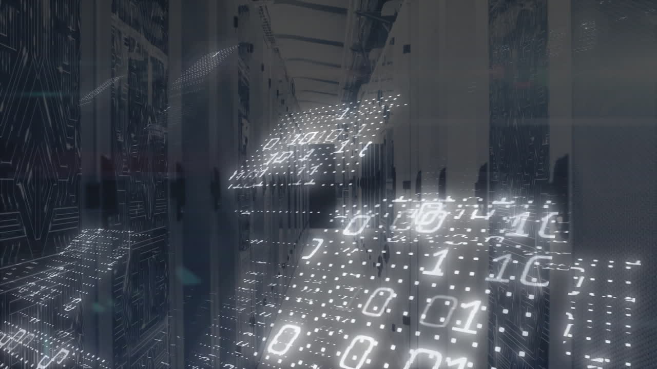 Digital binary code animation over interior of modern data center