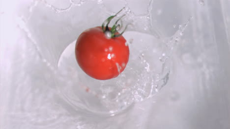 tomato falling into water in super slow motion