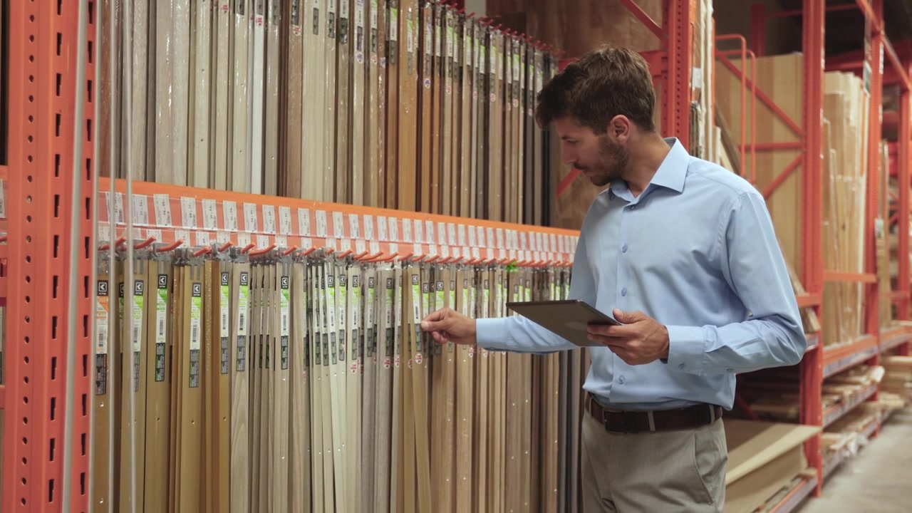 Man Inspecting Wood Samples with Tablet in Hardware Store