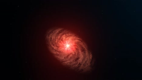 3d animation showing a red galaxy in space as the camera moves away