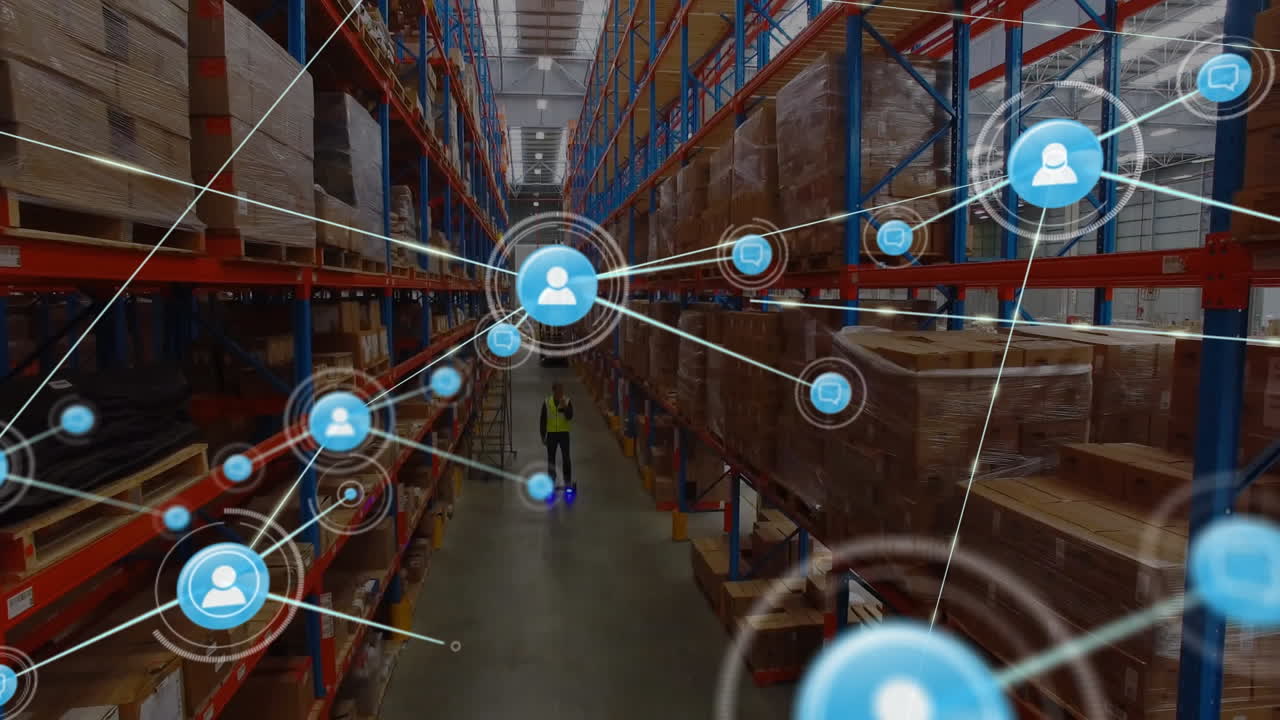 animación de la red de conexiones con iconos sobre el almacén