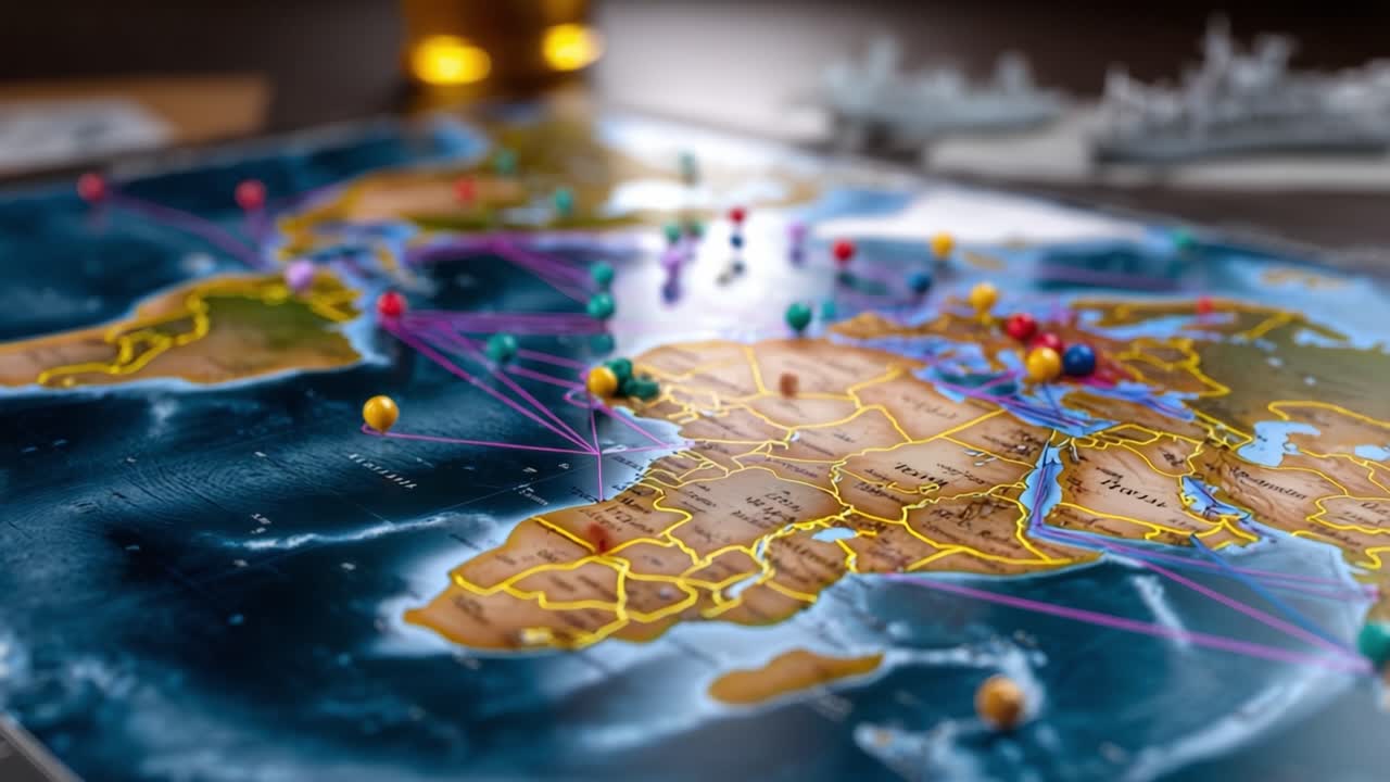 Globalkart med fargerike nåler og glødende linjer som viser internasjonale forbindelser. Varme bokeh-lys legger til atmosfære i scenen. Ideell for reise-, forretnings- eller teknologitemaer