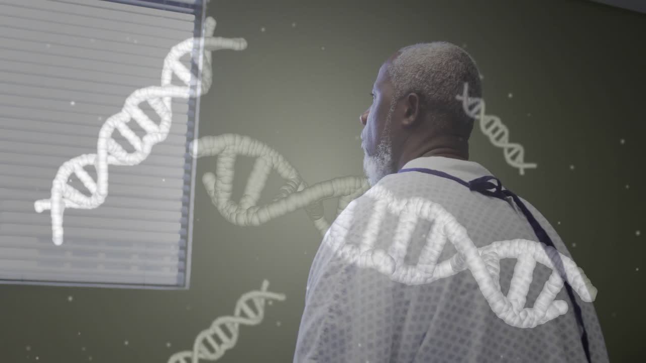 Animation of dna strands over senior african american man in hospital