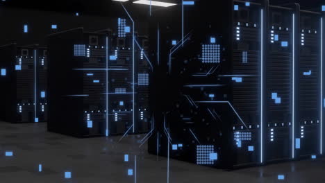 animation of circuit board and digital data processing over computer servers