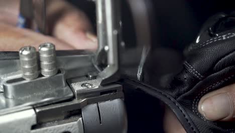 Closeup-Shot-Of-Manufacturing-Process-Of-Leather-Gloves,-Clothing-Industry-Production