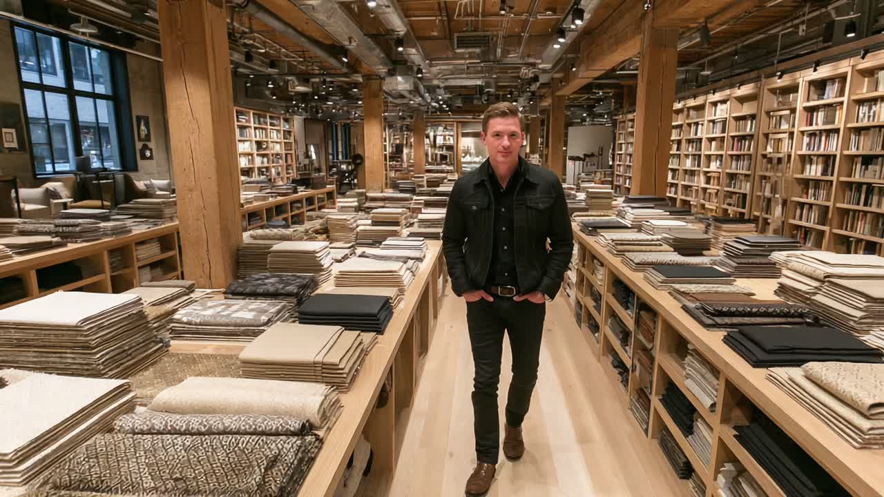A Stylish Individual Strolling Through a Modern Textile Showroom Filled with Rows of Fabrics, Displaying a Range of Patterns and Textures in an Inviting Atmosphere