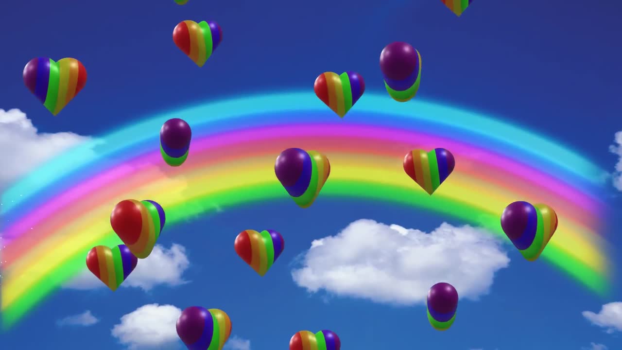 animación de corazones de arco iris sobre el arco iris y el cielo con nubes.