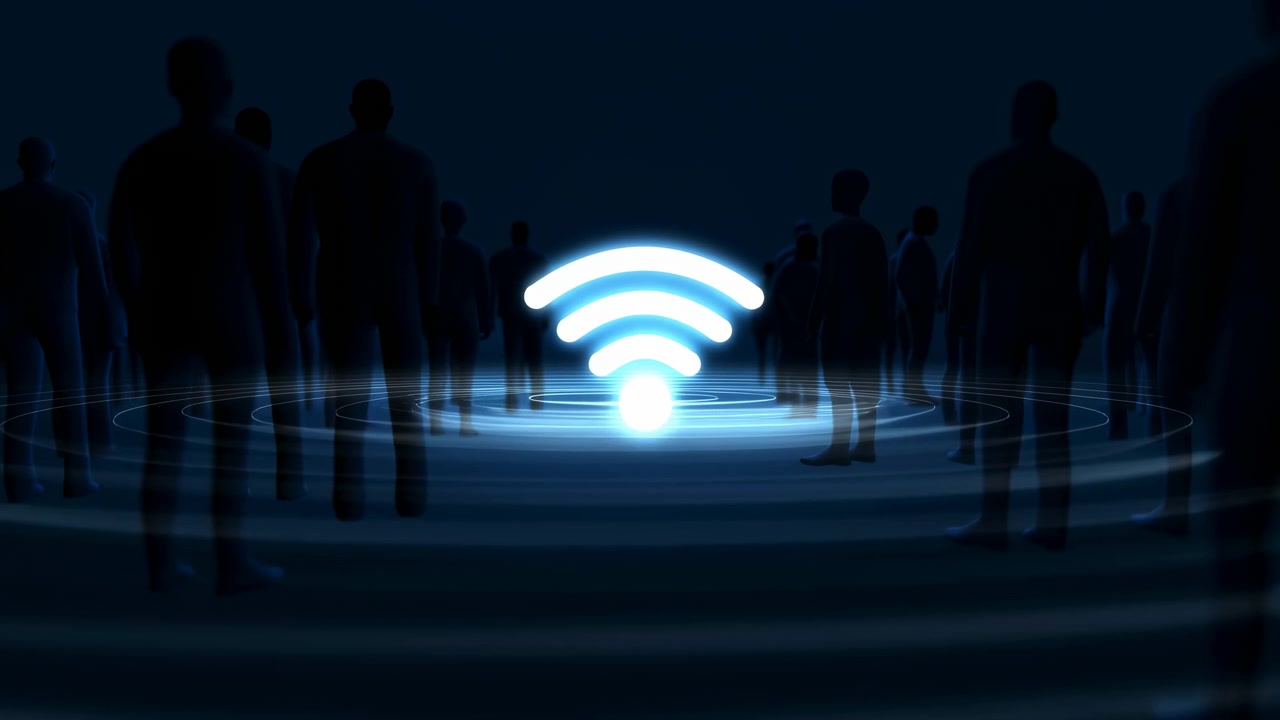 Et lyst trådløst signal-symbol lyser i midten af et mørkeblåt futuristisk miljø, mens silhuetter af mennesker står i baggrunden. Cirkulære lysringe spreder sig ud over gulvet, hvilket antyder forbindelse, online adgang, dataudveksling og digital kommunikation.