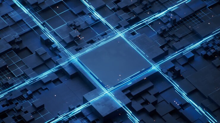 Scheda elettronica tecnologica e nucleo, rendering 3D