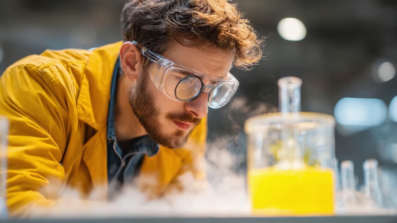 A Focused Scientist Conducting an Experiment with Vibrant Yellow Liquid in a Beaker Surrounded by a Mysterious Vaporous Atmosphere