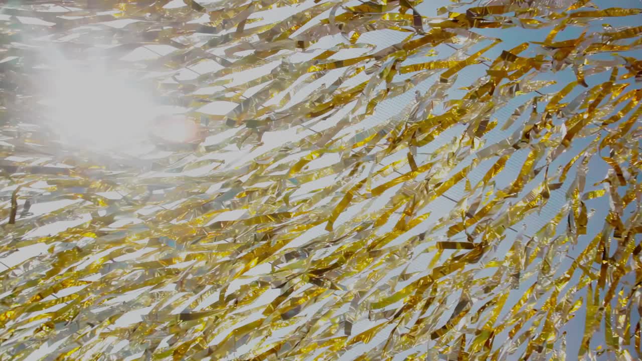 빛으로 빛나는 도시 가노피의 반이는 바람에 불어 반사 스트립