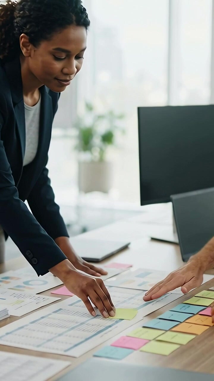 Vertical video: Leaning woman in suit reading charts moving stickies in office to plan, copy space